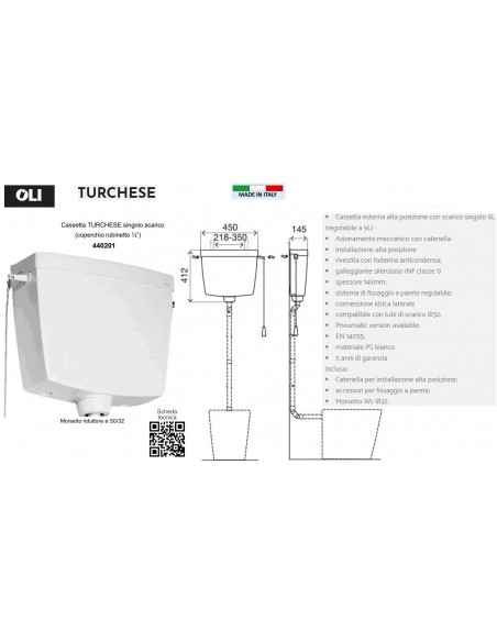 HOCHLIEGENDE TÜRKISFARBE SPÜLKASTEN MIT KETTE, DECKEL UND WASSERHAHN OL0440201