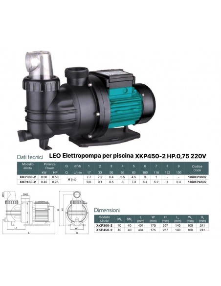 ELETTROPOMPA PER PISCINA 220V HP.0,75 LEO XKP4502
