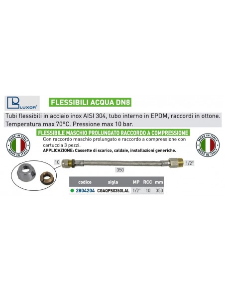 FLESSIBILE PER ACQUA DN 8  FEMMINA 10X1/2'' MASCHIO LUNGHEZZA 350mm