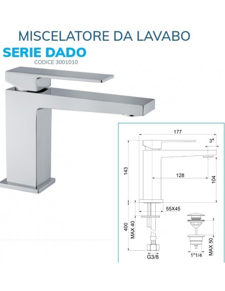 MISCELATORE LAVABO QUADRO CON PILETTA CLICK/CLAK DA 1.1/4