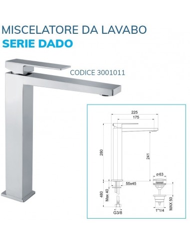 MISCELATORE LAVABO ALTO QUADRO CON PILETTA...