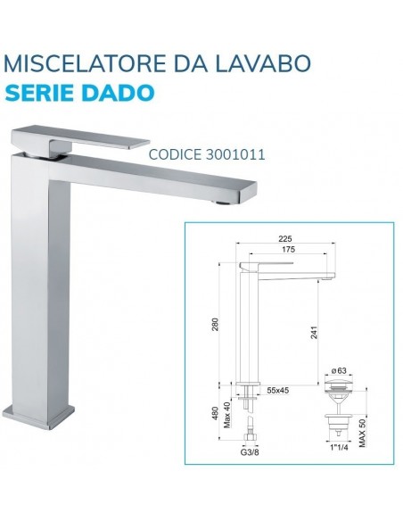 MISCELATORE LAVABO ALTO QUADRO CON PILETTA CLICK/CLAK DA 1.1/4