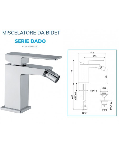 MISCELATORE BIDET QUADRO CON PILETTA CLICK/CLAK DA 1.1/4
