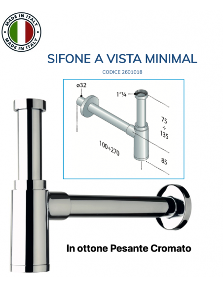 SIFONE CILINDRICO MINIMAL IN OTTONE PESANTE CROMATO 1.1/4X32