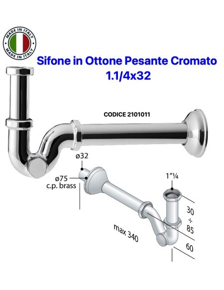 SIFONE LAVABO-BIDET A ''S'' 1.1/4X32 IN OTTONE PESANTE CROMATO