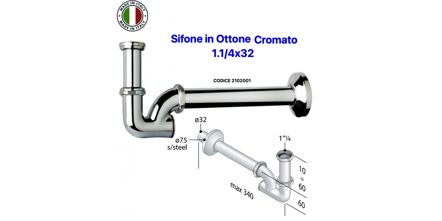 SIFONE LAVABO-BIDET A ''U'' 1.1/4X32 IN OTTONE CROMATO