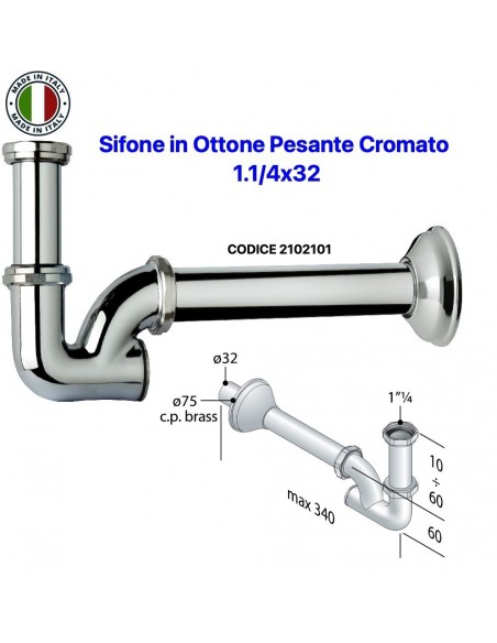 SIFONE LAVABO-BIDET A ''U'' 1.1/4X32 IN OTTONE PESANTE CROMATO