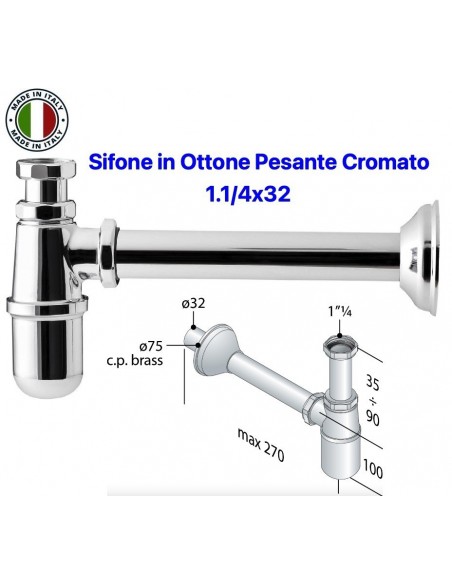 SIFONE LAVABO A BOTTIGLIA 1.1/4X32 IN OTTONE PESANTE CROMATO