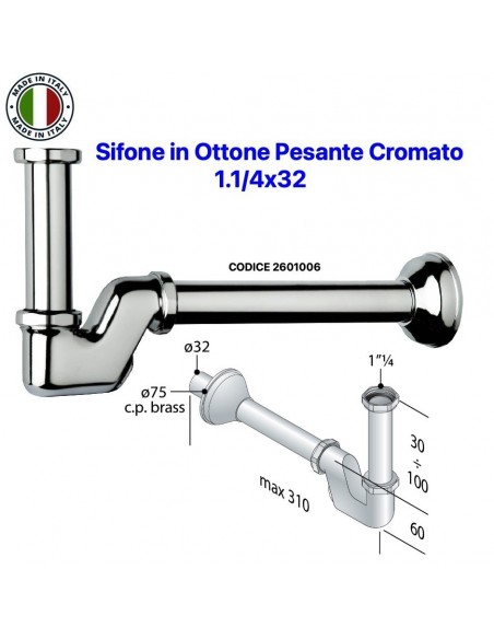 SIFONE LAVABO-BIDET 1.1/4X32 "INGOMBRO RIDOTTO" IN OTTONE PESANTE CROMATO
