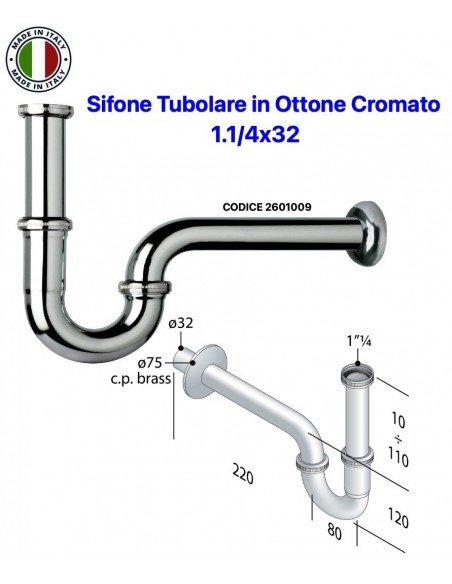 SIFONE TUBOLARE A "S" DA LAVABO 11/4''x32 IN OTTONE CROMATO