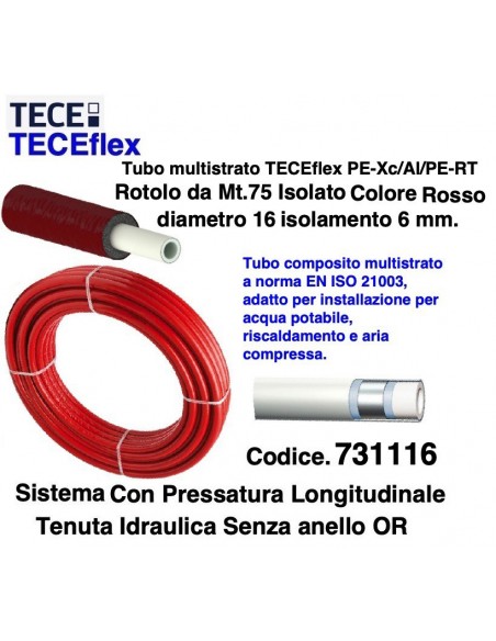 TUBO TECEflex ISOLATO rosso ROTOLO DA MT.75 diametro 16 isolante mm.6