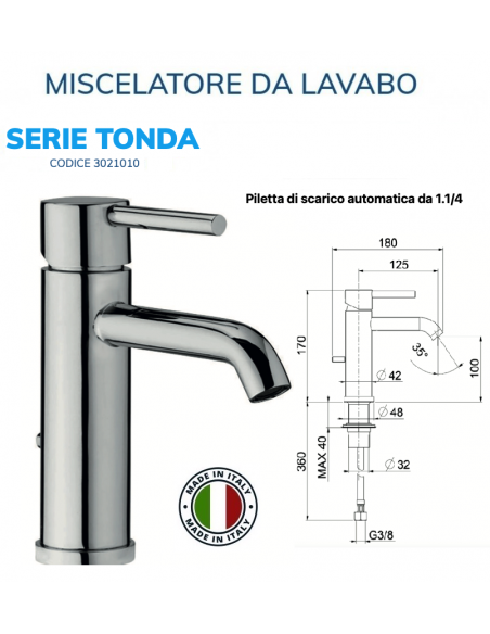 MISCELATORE LAVABO CILINDRICA CON PILETTA AUTOMATICA DA 1.1/4