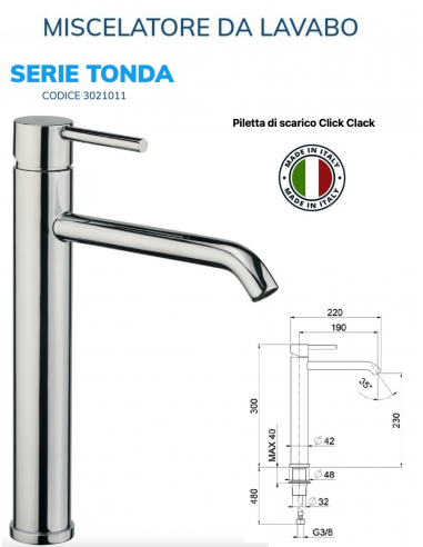 MISCELATORE LAVABO ALTO CILINDRICA CON PILETTA...