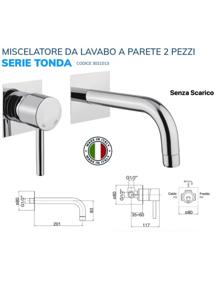 MISCELATORE LAVABO CILINDRICA  A PARETE 2 PEZZI SENZA PILETTA