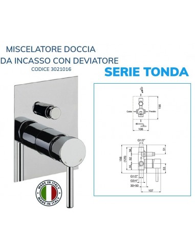 MISCELATORE DOCCIA CILINDRICA DA INCASSO CON DEVIATORE A 2 VIE