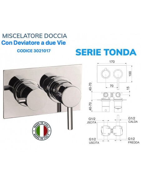 MISCELATORE DOCCIA CILINDRICA DA INCASSO CON DEVIATORE A 2 VIE ROTATIVO