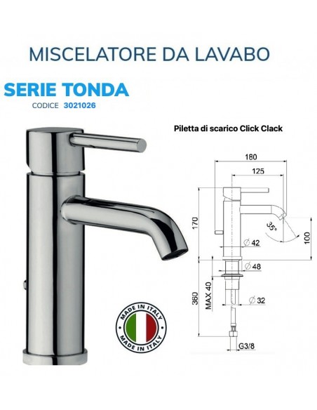 MISCELATORE LAVABO CILINDRICA CON PILETTA Click/Clack  DA 1.1/4