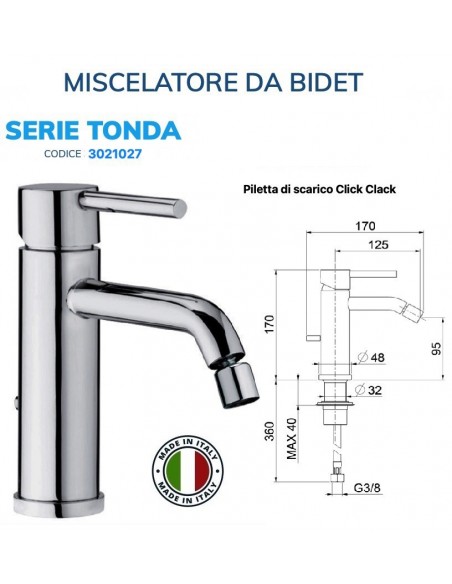 MISCELATORE BIDET CILINDRICA CON PILETTA Click/Clack  DA 1.1/4