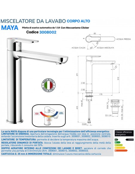 MISCELATORE LAVABO MAIO ECO ALTO CON PILETTA  AUTOMATICA DA 1.1/4