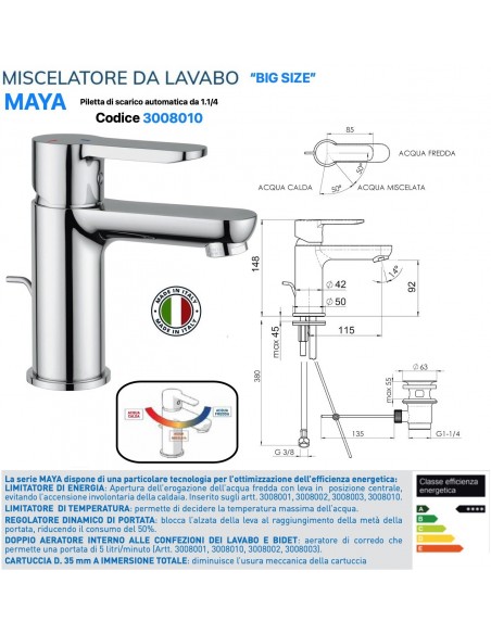 MISCELATORE LAVABO MAIO ECO BIG SIZE CON PILETTA  AUTOMATICA DA 1.1/4