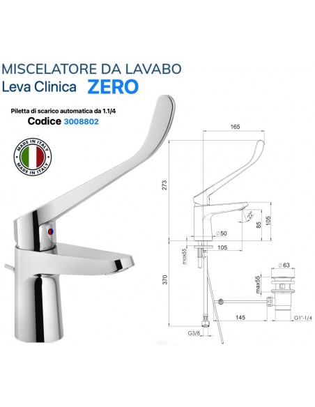 MISCELATORE LAVABO CERO LEVA CLINICA CON PILETTA  AUTOMATICA DA 1.1/4