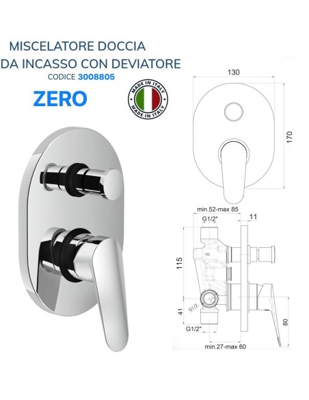 MISCELATORE DOCCIA CERO DA INCASSO CON DEVIATORE