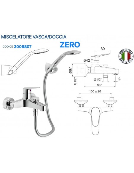 MISCELATORE VASCA-DOCCIA CERO DA ESTERNO CON DOCCETTA FLESSIBILE E SUPPORTO