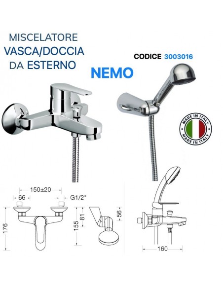 MISCELATORE VASCA-DOCCIA VIVA DA ESTERNO CON DOCCETTA FLESSIBILE E SUPPORTO