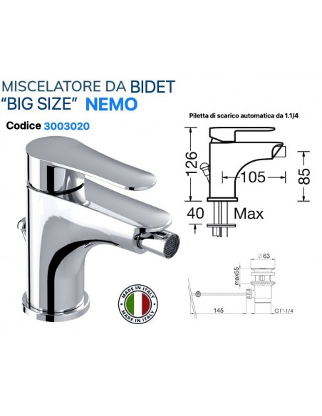 MISCELATORE BIDET VIVA "BIG SIZE" CON PILETTA AUTOMATICA DA 1.1/4