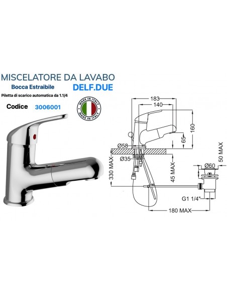 MISCELATORE LAVABO DESIA CON BOCCA ESTARIBILE  PILETTA AUTOMATICA DA 1.1/4