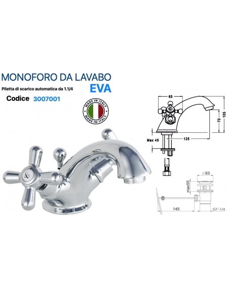GRUPPO LAVABO MONOFORO ANAIS IN OTTONE CROMATO PILETTA  AUTOMATICA 1.1/4