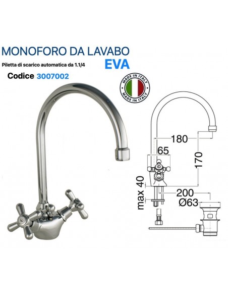 GRUPPO LAVABO MONOFORO ANAIS IN OTTONE CROMATO COLLO CIGNO PILETTA  AUTOMATICA 1.1/4
