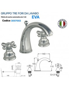 GRUPPO LAVABO TRE FORI ANAIS IN OTTONE CROMATO PILETTA...