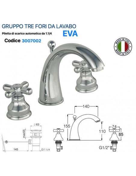 GRUPPO LAVABO TRE FORI ANAIS IN OTTONE CROMATO PILETTA  AUTOMATICA 1.1/4