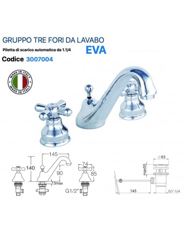 GRUPPO LAVABO TRE FORI ANAIS IN OTTONE CROMATO...