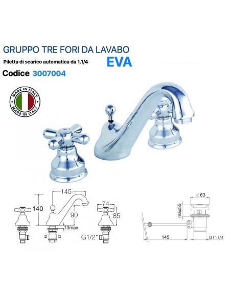 GRUPPO LAVABO TRE FORI ANAIS IN OTTONE CROMATO PILETTA  AUTOMATICA 1.1/4
