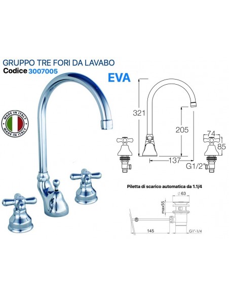 GRUPPO LAVABO TRE FORI ANAIS IN OTTONE CROMATO COLLO CIGNO PILETTA  AUTOMATICA 1.1/4