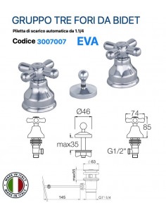 GRUPPO BIDET TRE FORI ANAIS IN OTTONE CROMATO PILETTA...