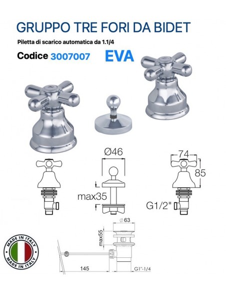 GRUPPO BIDET TRE FORI ANAIS IN OTTONE CROMATO PILETTA  AUTOMATICA 1.1/4