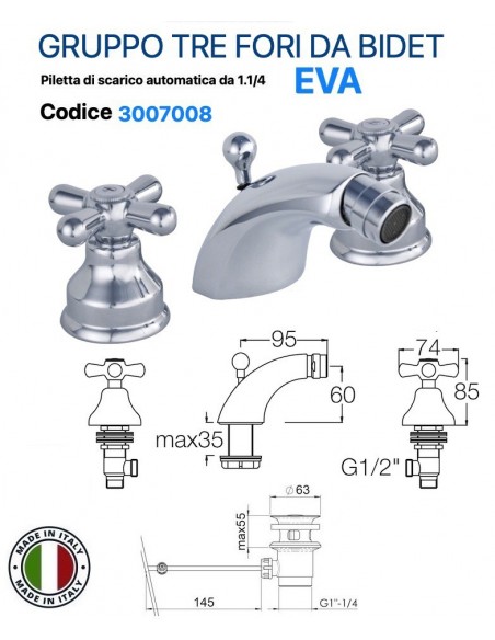 DREILOCH-BIDET-GARNITUR EVA MIT MESSINGCHROM-ARMATUR AUTOMATISCHER ABLAUFGARNITUR 1.1/4
