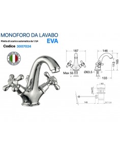GRUPPO LAVABO MONOFORO EVA IN OTTONE CROMATO PILETTA...