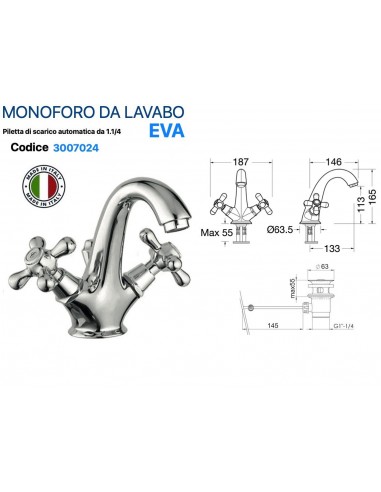 GRUPPO LAVABO MONOFORO EVA IN OTTONE CROMATO...
