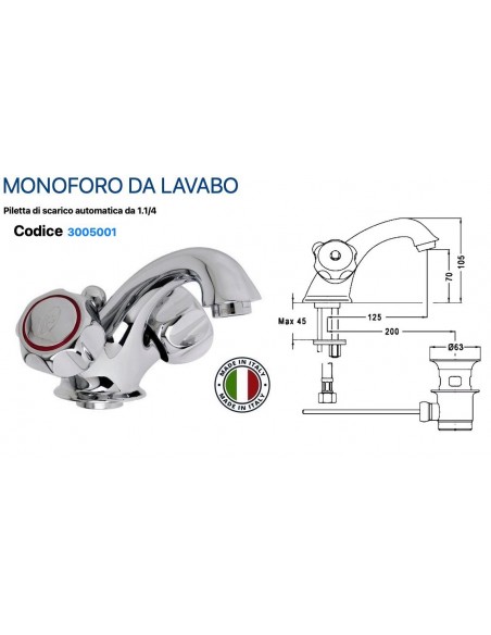 GRUPPO LAVABO MONOFORO TRADIZIONALE IN OTTONE CROMATO PILETTA AUTOMATICA 1.1/4