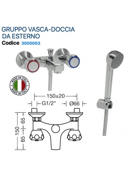 GRUPPO VASCA DOCCIA TRADIZIONALE IN OTTONE CROMATO CON FLESSIBILE EDOCCETTA