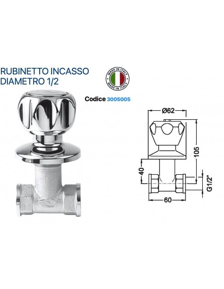 RUBINETTO INCASSO TRADIZIONALE IN OTTONE CROMATO 1/2