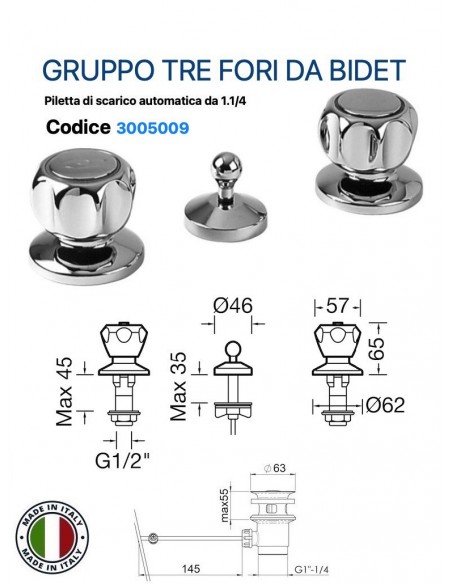 TRADITIONELLES DREI-LOCH BIDET-SET AUS VERCHROMTEM MESSING MIT AUTOMATISCHER ABLAUFSIEB 1.1/4