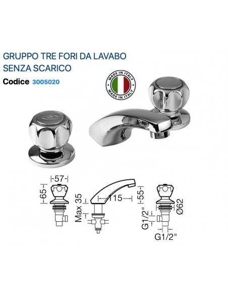 GRUPPO LAVABO TRE FORI TRADIZIONALE IN OTTONE CROMATO SENZA SCARICO
