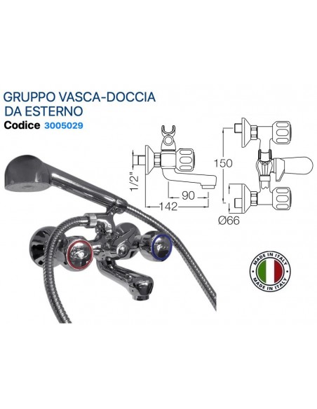 GRUPPO VASCA DOCCIA TRADIZIONALE IN OTTONE CROMATO CON FLESSIBILE EDOCCETTA