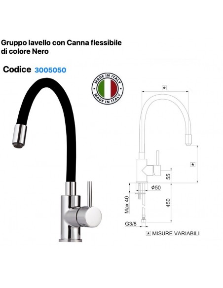 MISCELATORE LAVELLO CON CANNA FLESSIBILE DI COLORE NERO