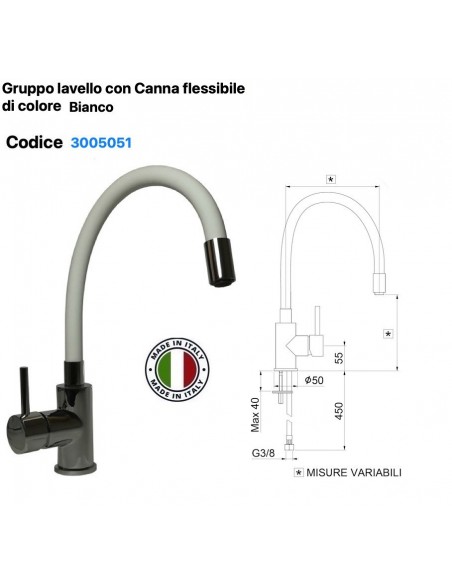 MISCELATORE LAVELLO CON CANNA FLESSIBILE DI COLORE BIANCO